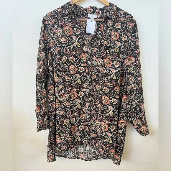 J Jill Sz SP Brown/Orange Paisley 100% Rayon Long Button Down Pockets Brand New - Picture 1 of 12